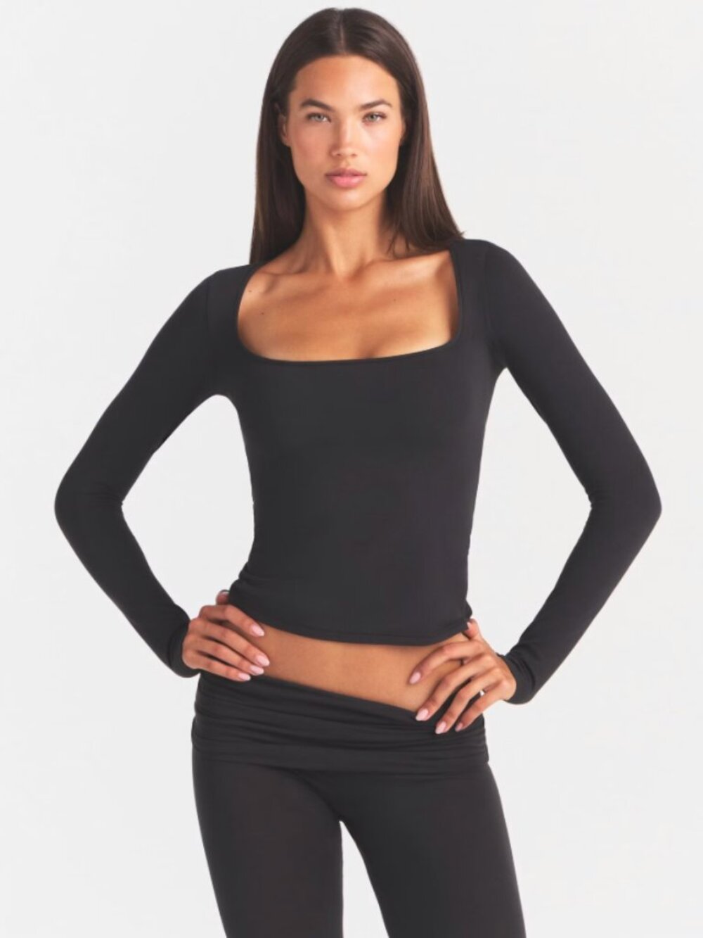 Skims Cotton Jersey Scoop Neck Long Sleeve Top in Black